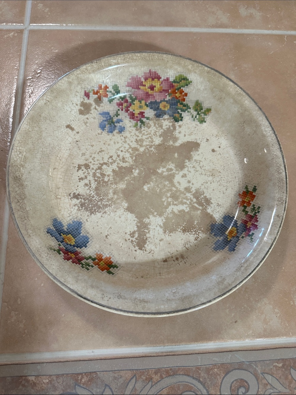 Cream Floral Ceramic Dinner Plate with Multicolor Cross-Stitch Motif